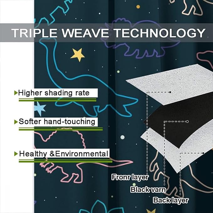 Cartoon Colorful Dinosaur Curtains for Kids Boys Girls Home Decor, Astronaut Funny Outer Space Star Blackout Rod Pocket Window Drapes for Bedroom Living Room W31.5xL63in 2 Panels