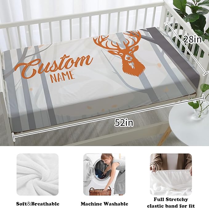 Custom Nursery Crib Bedding Set: Personalized Name 4 Piece Orange Sika Deer Design Baby Crib Sets for Baby Girls - Toddler Double Layer Blanket Set, Comfortable Crib Bed Sheets for Baby Toddlers