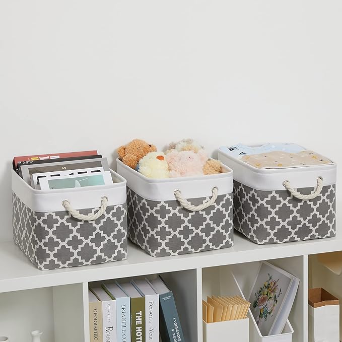 Bidtakay Basket Storage Bins Baskets for Organizing Set of 3 Collapsible Cloth Storage Linen Closet Organizer 15 X 11 X 9.5 Inches Large Foldable Baskets for Shelves (White&Quatrefoil Grey)