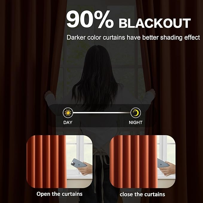 KEQIAOSUOCAI Long Copper Blackout Burnt Orange Curtains for Living Room 2 Panels Sets,Pinch Pleat with Hooks, Thermal Pleated Window Drapes Rustic Western Curtain for Bedroom W40 x L102