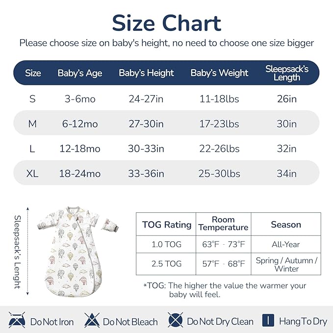Baby Sleep Sack 18-24 Months, Cotton Detachable Long Sleeve Sleep Sack, 2.5 Tog Toddler Sleeping Sack with Temperature Strips, 2-Way Zipper Wearable Blankets for Newborns, Hot Air Balloon