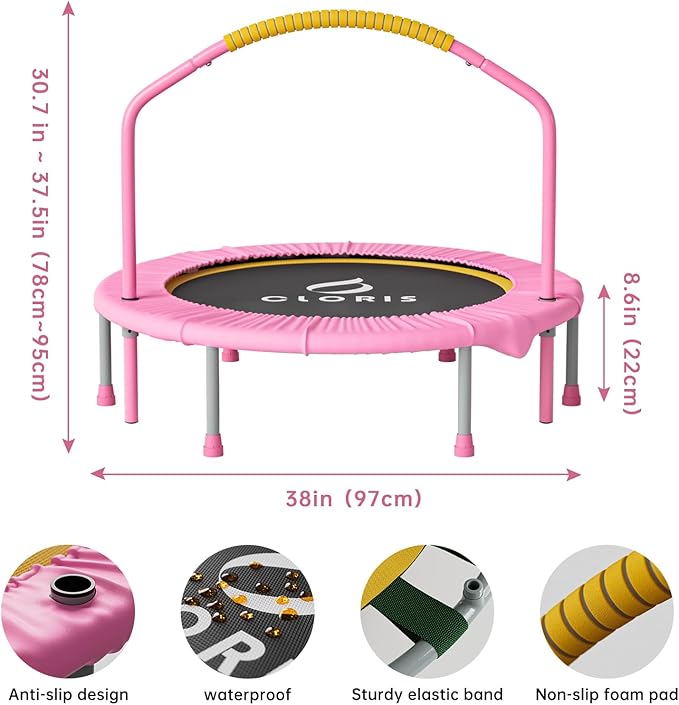 CLORIS 38in/48in Folding Trampoline - Max Load 220lbs / 450lbs Mini Trampoline Rebounder Trampoline for Adults with Adjustable Foam Handle, with safty Padded Cover Best Gift for Kids/Adult