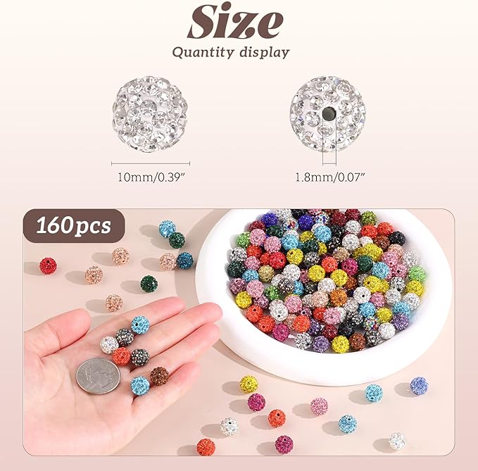 160pcs 10mm Rhinestone Beads for Jewelry Making, Aquamarine Shiny Round Disco Ball Beads Bulk, Sparkle Crystal Clay Christmas for Bracelet Baseball Necklace Earring Crafting and DIY
