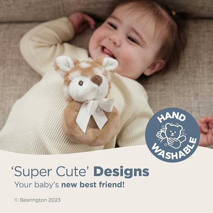 Bearington Collection Baby Lil’ Willow, 5.5 Inch Fawn Plush Stuffed Animal, Soft Baby Rattles and Plush Rings - Newborn Toys