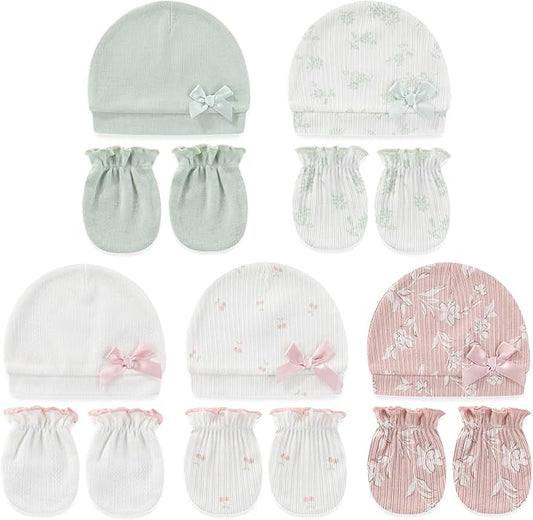 Cute Baby Girl Hats Mittens Set 10-Pack New Born Boy Caps Gloves Suit 0-6 Months Infant Accessories