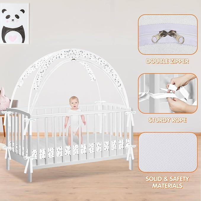 Crib Tent to Keep Baby from Climbing Out - Crib Net to Keep Baby in - Pop Up Breathable Cribs Cover - Canopy with Upgrade Strong Mesh and Durable Zipper (White-Star and Moon, Lager)