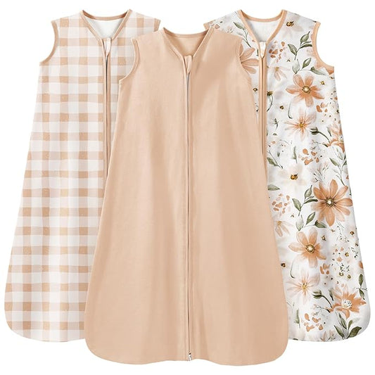 Baby Sleep Sack 18-24 Months 3 Pack 100% Cotton Lightweight 0.5 TOG Wearable Blanket Baby Sleep Bag with 2-Way Zipper for Newborn Infant Orange Flowers & Plaid