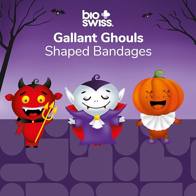 BioSwiss Bandages, Halloween Ghouls Shaped Self Adhesive Bandage, Latex Free Sterile Wound Care, Fun First Aid Kit Supplies for Kids and Adults, 24 Count