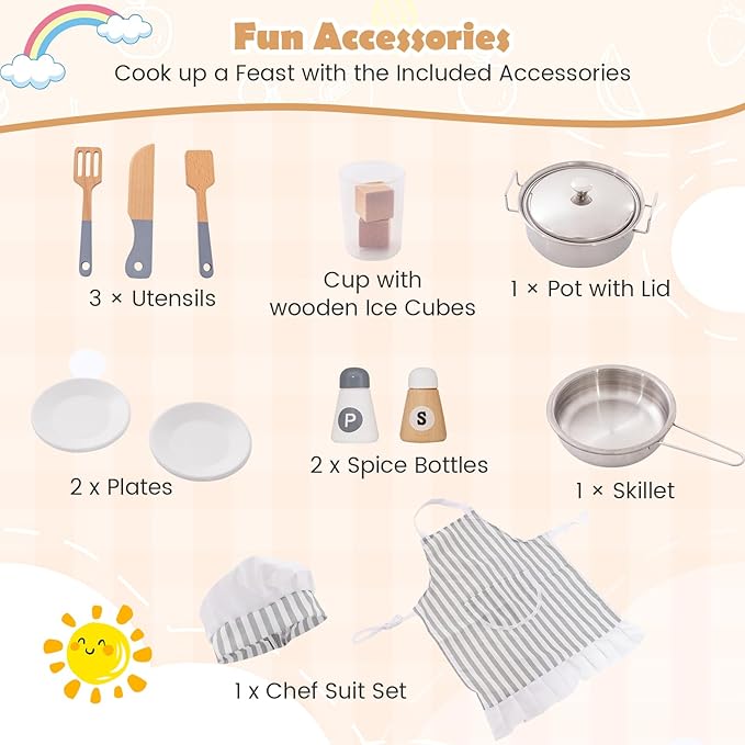 Costzon Corner Kids Kitchen Playset, Wooden Play Kitchen with Sounds & Lights, Washing Machine, Range Hood, Ice Maker, Microwave, Oven, Sink, Pretend Toy Kitchen Set for Toddler, Gift for Boys Girls