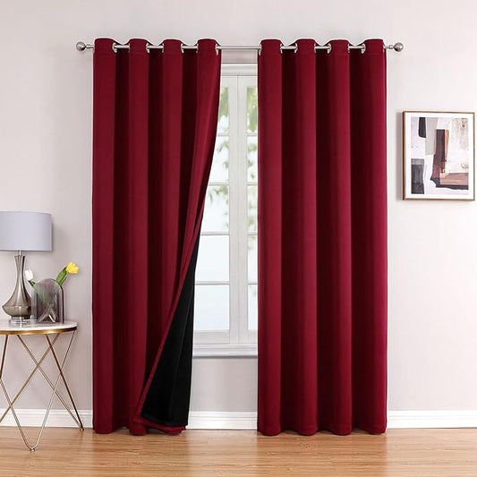 ChrisDowa 100% Blackout Curtains 108 inch Long for Bedroom with Black Liner, 2 Thick Layers Total Blackout Thermal Insulated Grommet Window Curtains 2 Panels Set (Burgundy, 52 x 108 Inch)