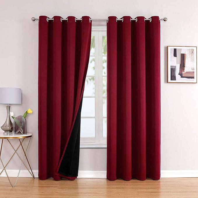 ChrisDowa 100% Blackout Curtains for Bedroom with Black Liner, 2 Thick Layers Total Blackout Thermal Insulated Grommet Window Curtains 2 Panels Set (Burgundy, 52 x 72 Inch)