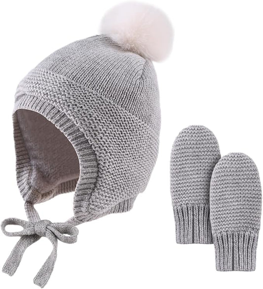 Basic Winter Baby Beanie Gloves Boys Girls Knitted Hat Pompom Kids Earflap Hats Warm Infant Toddler Beanie Mittens Set