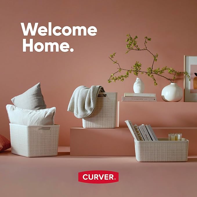 Curver Set of 6 Jute Medium Decorative Plastic Organization and Storage Baskets, Perfect Bins for Home Office, Closet Shelves, Kitchen Pantry and All Bedroom Essentials, White