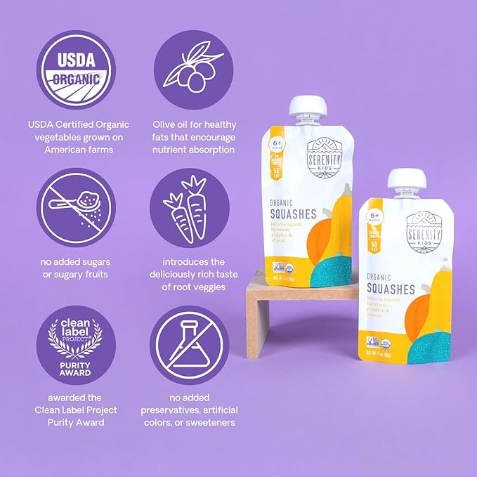 Serenity Kids 6+ Months USDA Organic Veggie Puree Baby Food Pouches | No Sugary Fruits or Added Sugar | Allergen Free | 3.5 Ounce BPA-Free Pouch | Squashes | 1 Count