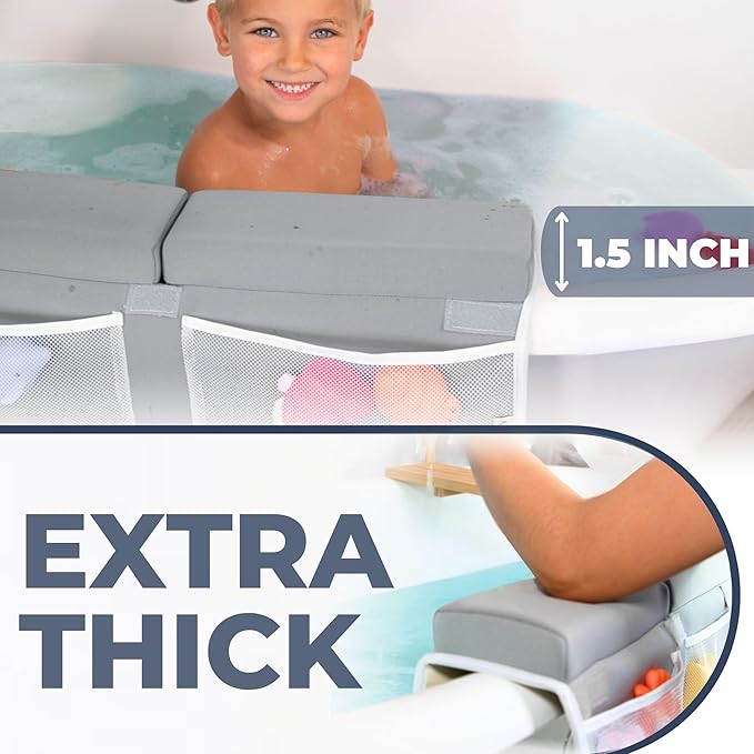 Comfortable Baby Bath Kneeler and Elbow Rest Pad Set – Thick Memory Foam Bath Kneeling Pad with Elbow Support – Baby Bathtub Cushion with Toy Organizer for Bathing Infant or Toddler - Grey