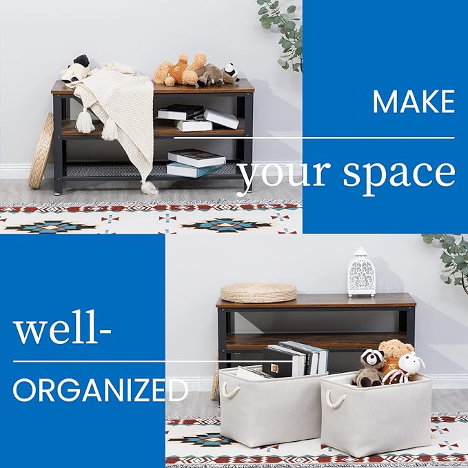 Bidtakay Large Fabric Storage Bins Beige Linen Closet Organizers Set of 2 Baskets for Shelves Clothes Bedroom 16x11.8x11.8 Inch Foldable Organization Baskets for Towels Blankets Storage Dog Toys