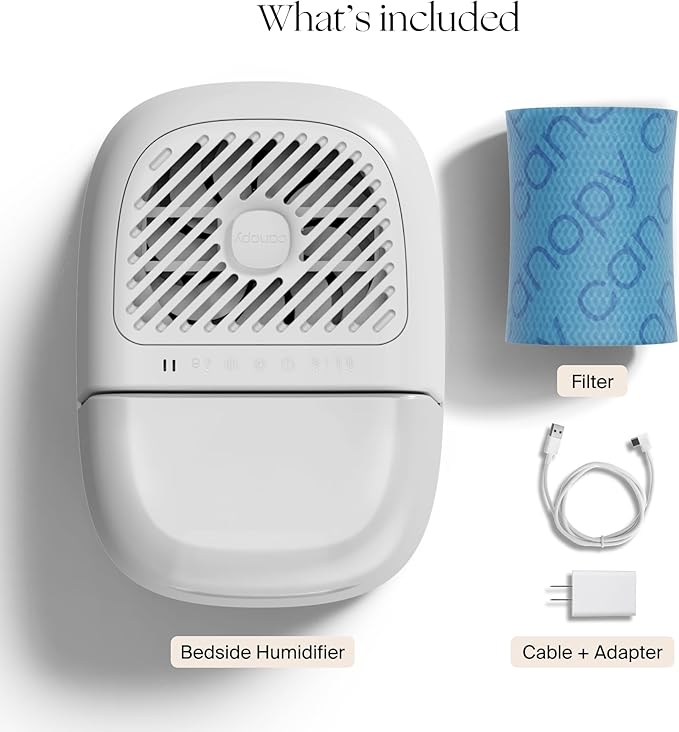 Canopy Bedside Humidifier 2.0, White, 36 HR Run Time, 2.5L Capacity - Reading Light & White Noise - Alleviate Symptoms of Allergies, Flu, Cold, Dry Skin - Humidifier, Filter, Power Cord & Adapter