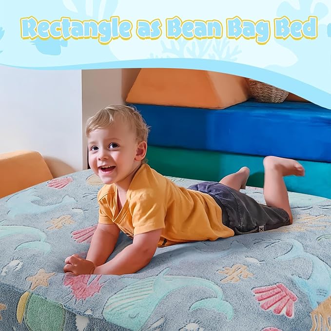 COMAX Kids Bean Bag Chair Turn into Beanbag Bed, Toddler Bean Chair for Girl Boy Sleeping, Lazy Children Bean Bags with Filler, Convertible Child Floor Mattress, Ocean Life