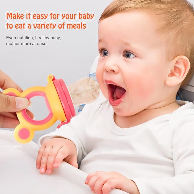 Baby Solids/Frozen Fruit Feeder Pacifier, Infant Teether Toy 4M+, BPA-Free Silicone Pouch & Nipple, Safely Introduce Solids, Teething Relief, 2-Pack (Mickey - Blue Yellow, S/M/L)