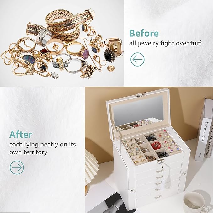 BOOVO Jewelry Box For women, 6 Layer Large Jewelry Organizer With Mirror, Multi-Function Storage Box With Lock, Accessory Holder With 5 Drawers, For Earrings Necklace Ring Bracelet (White)