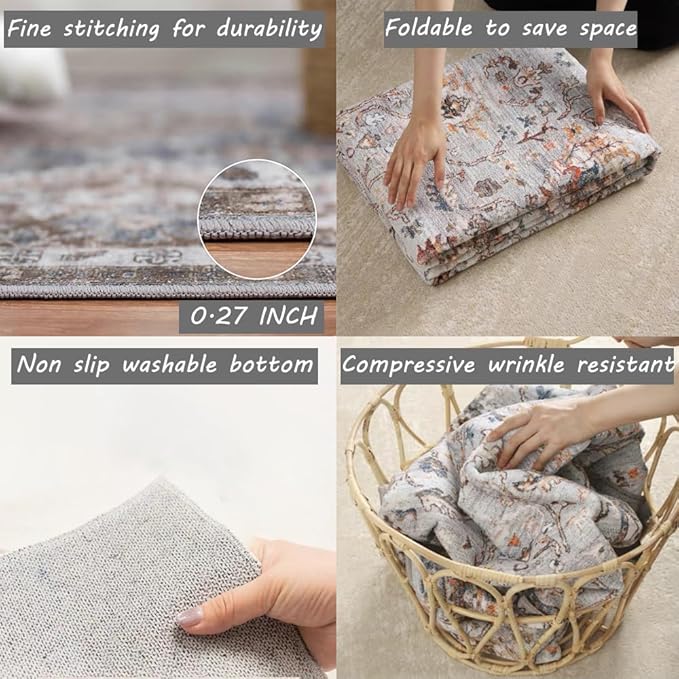 6x9 Washable Area Rug Boho Chic Medallion Distressed Design Non-Shedding Easy Care Ideal for High Traffic Areas in Living Room Bedroom Office Kitchen Coffee Table Large Carpet