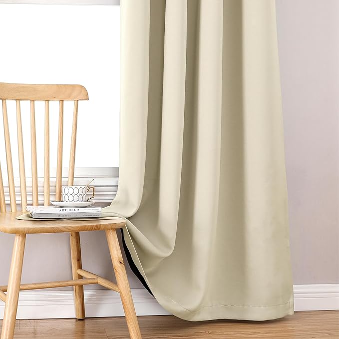 ChrisDowa 100% Blackout Curtains 84 inch Long for Bedroom with Black Liner, 2 Thick Layers Total Blackout Thermal Insulated Grommet Window Curtains 2 Panels Set (Light Beige, 52 x 84 Inch)