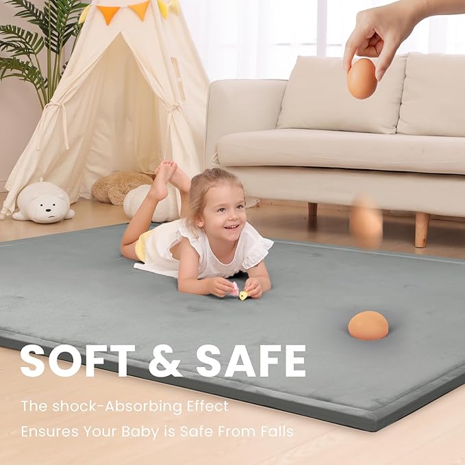 Baby Play Mat for Floor,1.3" Thick Memory foam Tummy Time Mat,Soft Coral Velvet Nursery Rug,Extra Large Non Slip Crawling Mats for Toddlers,Infants,kids,Yoga Mats & Tatami Style for Living Room(Dark Gray)