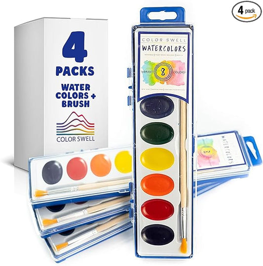 Color Swell Bulk 8 Color Watercolors with Wood Brushes - 4 Packs