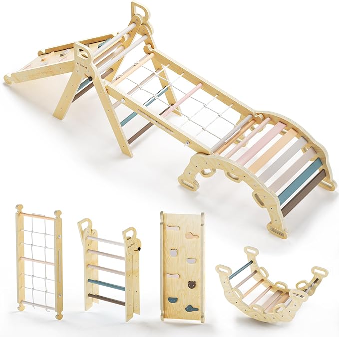 BlueWood 2025 8-in-1 Pikler Triangle Climbing Set Toddler Toys Indoor Baby Jungle Gym Climber Playground for Kids - Mauve Pink