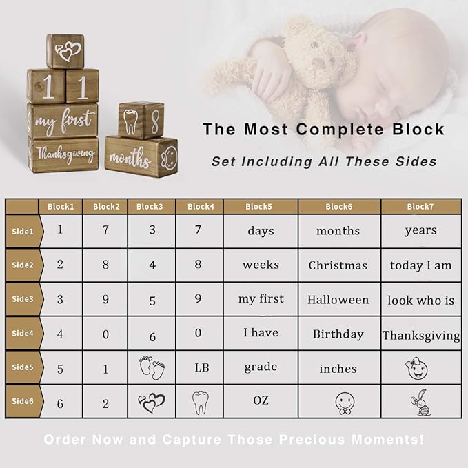 Baby Monthly Milestone Blocks for Boy or Girl, Milestones Age Photo Block Set for Baby Shower, Pregnancy Countdown, 7 Pcs