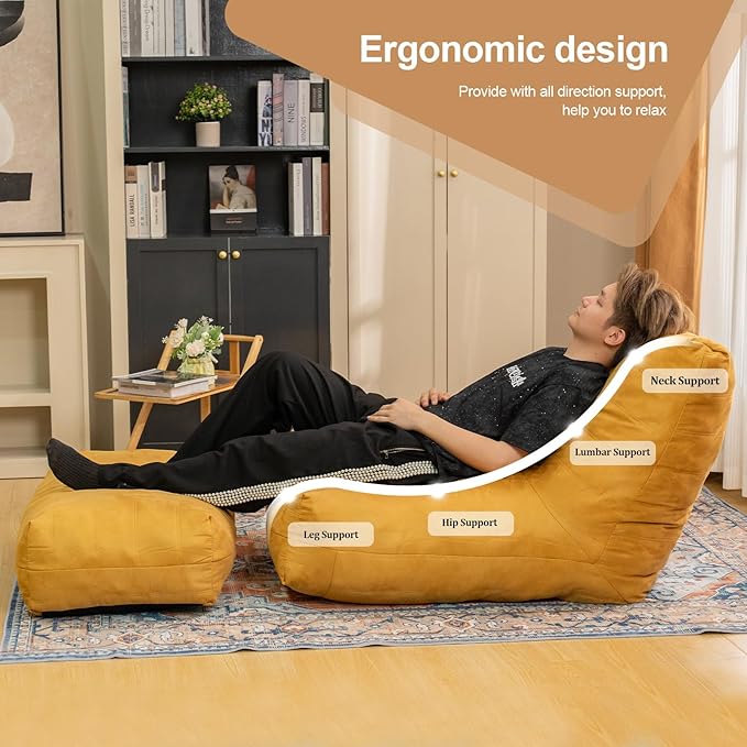 Bean Bag Chair with Ottoman, Comfy Bean Bag Sofa with Memory Foam, Lazy BeanBag Sofa with Footstool, Fireside Bean Bag Couch for Living Room, Bedroom, Apartment