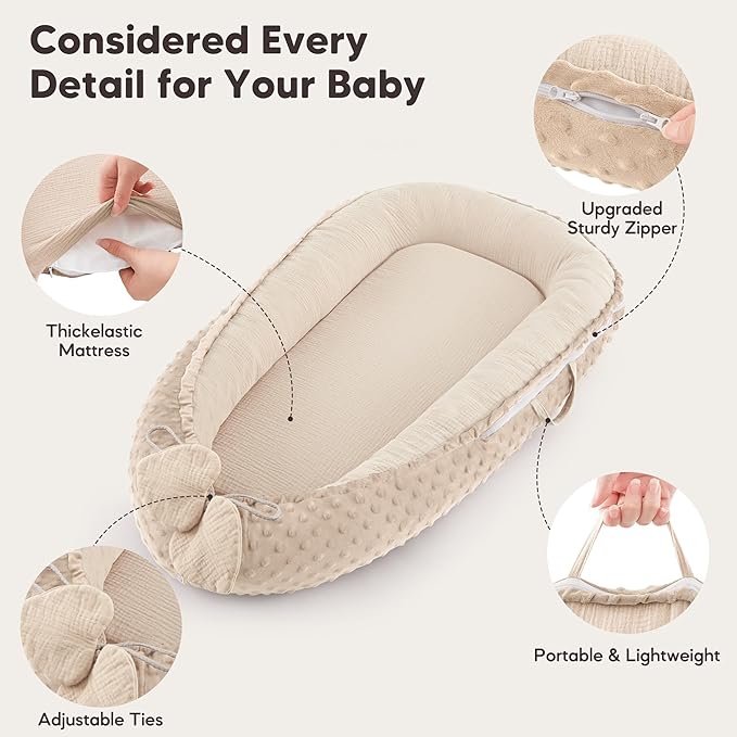 Baby Lounger - Infant Lounger Pillow for Newborn 0-24 Months, Soft, Breathable & Portable Baby Lounger Pillow for Boys & Girls, Cozy Baby Floor Seat for Home & Travel (Beige)