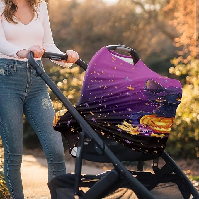 Binienty Black Cat Car Seat Covers for Babies Galaxy Pumpkin Cats Moon Nursing Covers Stretchy Breastfeeding Scarf Multi Use Carseat Covers for Stroller