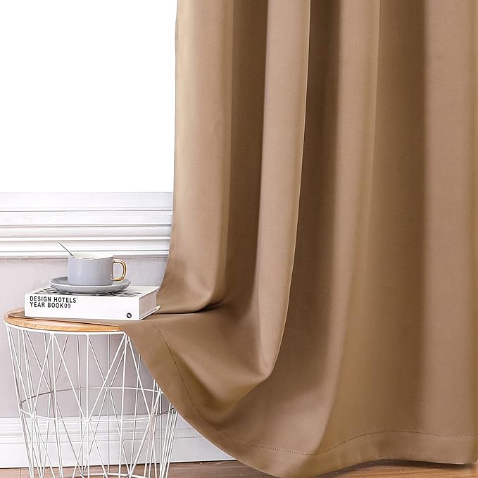 ChrisDowa 100% Blackout Curtains for Bedroom with Black Liner, 2 Thick Layers Total Blackout Thermal Insulated Grommet Window Curtains 2 Panels Set (Cappuccino, 52 x 63 Inch)