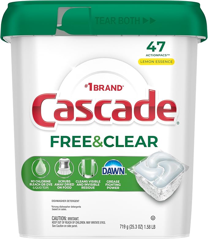 Cascade Free & Clear Dishwasher Pods, Dishwasher Detergent, Dish Detergent Soap, Lemon Essence, 47 Count