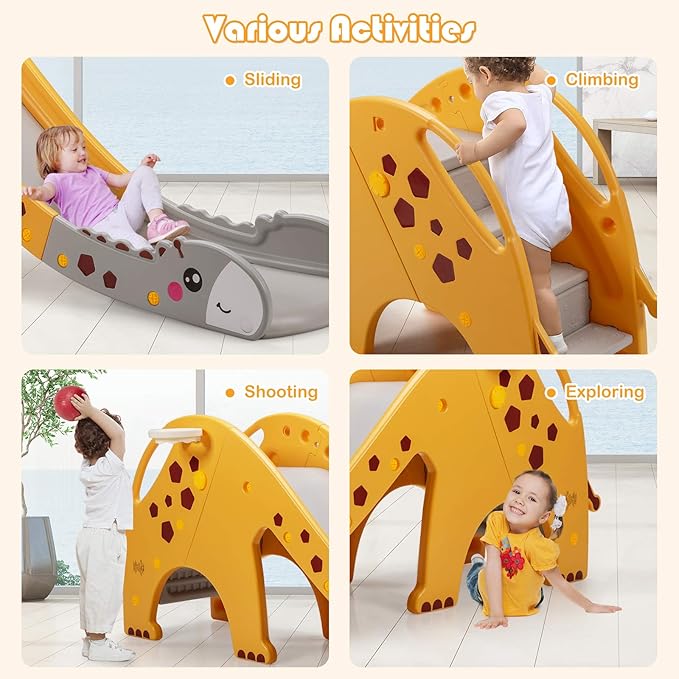 BABY JOY Toddler Slide, Kids Large Slide Play Climber Set with Long Slipping Slope, Basketball Hoop and Ball, Enclosed Steps, Easy Assemble Indoor Outdoor Backyard Freestanding Slides for Kids Age 1-8