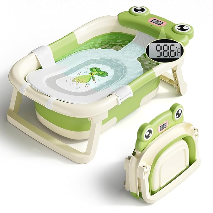 Baby Bathtub, Collapsible Newborn Bathtub for Infant to Toddler 0-24 Months with Soft Cushion and Thermometer,Portable Travel Newborn Tub with No-Slip Feet, Baby Shower Gifts,Green