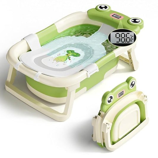 Baby Bathtub, Collapsible Newborn Bathtub for Infant to Toddler 0-24 Months with Soft Cushion and Thermometer,Portable Travel Newborn Tub with No-Slip Feet, Baby Shower Gifts,Green