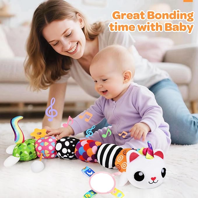 Baby Toys 0-6 6-12 Months, Sensory Musical Animal Stuffed Toy for Infant 0-3 3-6 Months, Tummy Time Toys with Mirror Crinkle Rattle, Plush Unicorn Cat Toy Gifts for 0 1 2 3 4 5 6+ Months Boys Girls