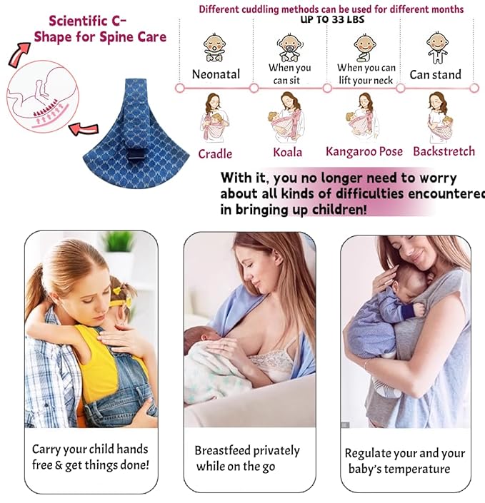 Baby Sling Carrier Adjustable Baby Sling 2025 Upgraded Toddler Sling Comfortable Baby Wrap Carriers Ergonomic-Designed, Travel Friendly Carrying 10-45 Lbs Blue