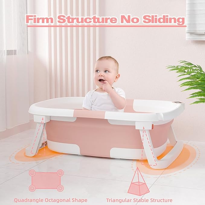 Collapsible Baby Bathtub,Baby Bath Tub with Soft Cushion & Thermometer,Baby Bathtub Newborn to Toddler 0-36 Months,Portable Travel Baby Tub