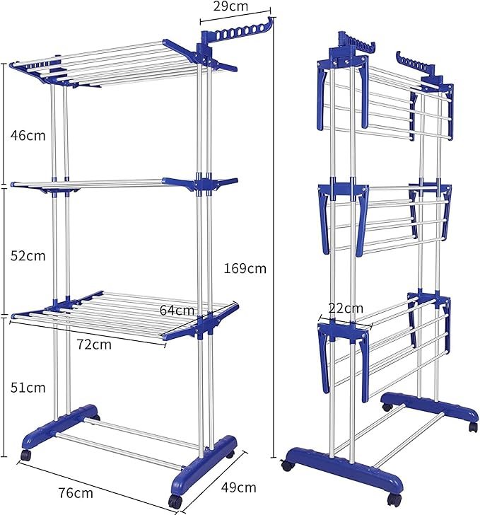 Bigzzia Clothes Drying Rack, Folding Stainless Steel Drying Rack Clothing Indoor Outdoor, Space-Saving, 4 Tier Laundry Drying Rack with Two Side Wings Grey Blue