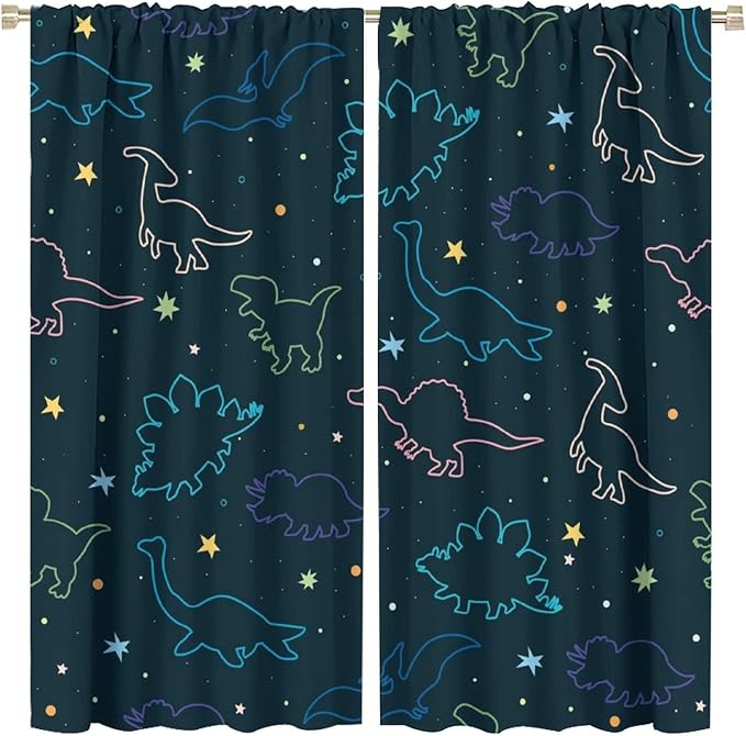Cartoon Colorful Dinosaur Curtains for Kids Boys Girls Home Decor, Astronaut Funny Outer Space Star Blackout Rod Pocket Window Drapes for Bedroom Living Room W21xL45in 2 Panels