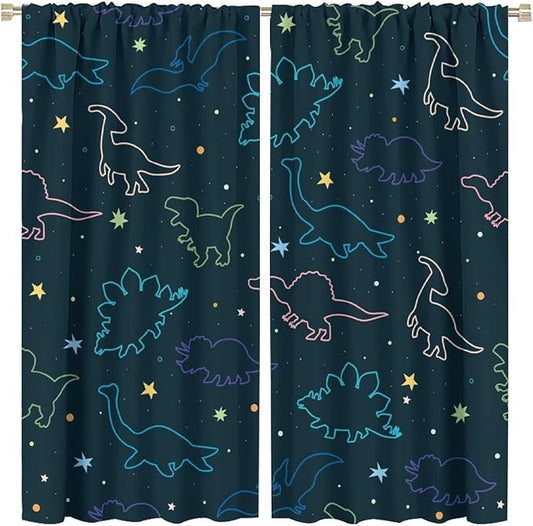 Cartoon Colorful Dinosaur Curtains for Kids Boys Girls Home Decor, Astronaut Funny Outer Space Star Blackout Rod Pocket Window Drapes for Bedroom Living Room W21xL54in 2 Panels