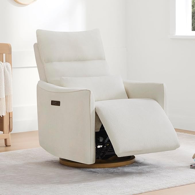 CHITA Swivel Rocker Recliner Chair, Power Nursery Glider Recliner, Nursery Rocking Chair with Adjustable Power Headrest, FSC Certified, Solid Wood Base, Cream