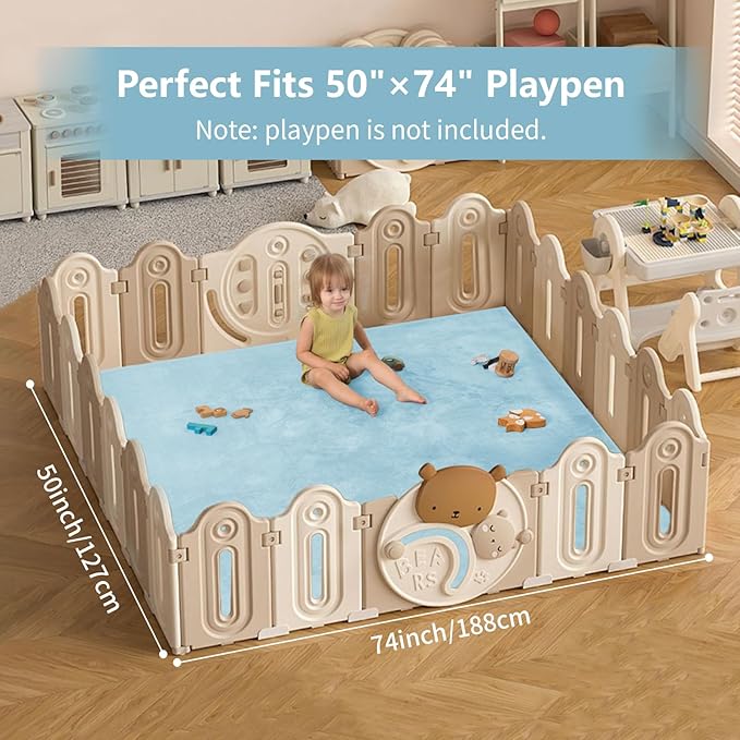 Baby Play Mat for Floor,1.3" Thick Elasti-Foam 50"×74" Playpen Mat for Tummy Time,Water Repellent Soft Coral Velvet for Toddler,Infant,Kids,Non-Slip Backing Safe for Crawling(Light Blue)