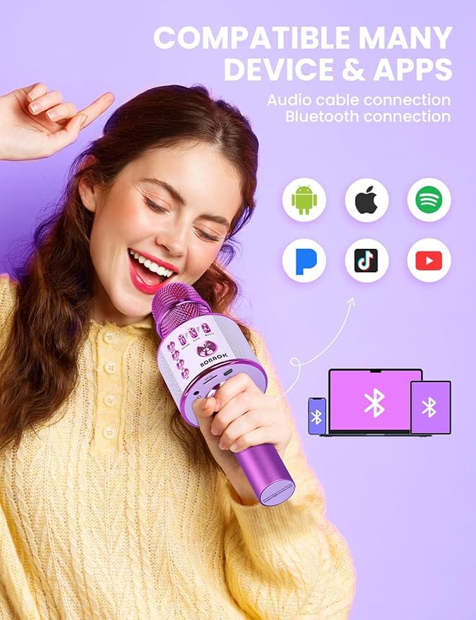 BONAOK Wireless Bluetooth Karaoke Microphone, Portable Toy Microphone for Singing, Gifts to Girls Boys Kids Adults All Age Q37（Bright Purple）