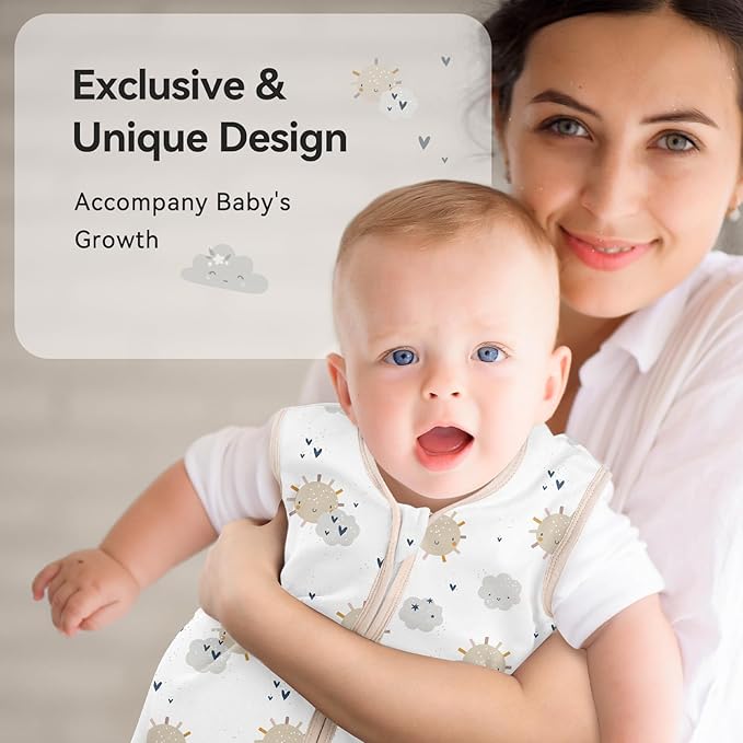 Baby Sleep Sack 18-24 Months 0.5 Tog Wearable Blanket Baby, 3 Pack 100% Cotton Lightweight Sleeping Sack with 2-Way Zipper for Infant Toddler Apricot White Sun Clouds