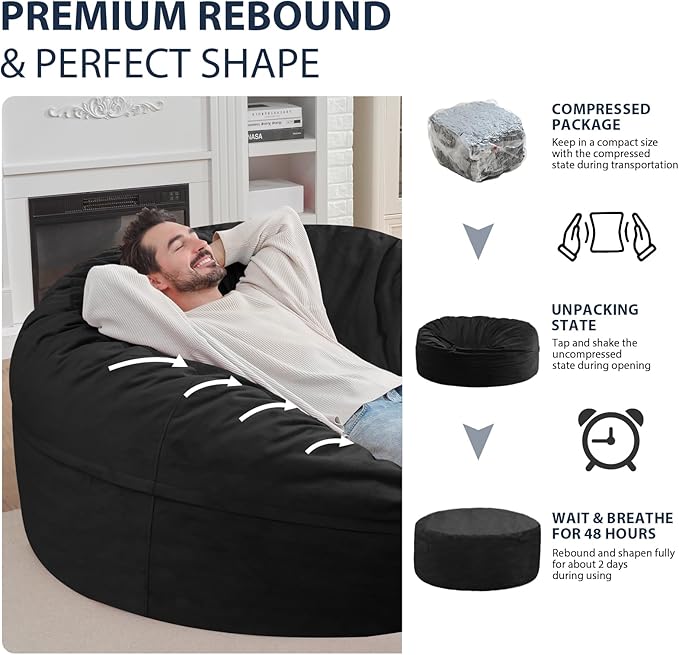 6FT Bean Bag Chair, Large Bean Bag Chairs with Memory Foam Filled, Fluffy Beanbag Sofa with Dutch Velvet Cover, Round BeanBag Chairs for Living Room, Playroom - Black