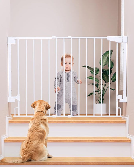 Cumbor 29.2-43" No Bottom Bar Baby Gate for Stairs, 2-in-1 Hardware Mounted Dog Gate Indoor, Auto Close Pet Gate for Doorways with Large Walk Thru Door, Wide Child-Proof Safety Gates for Kids (White)